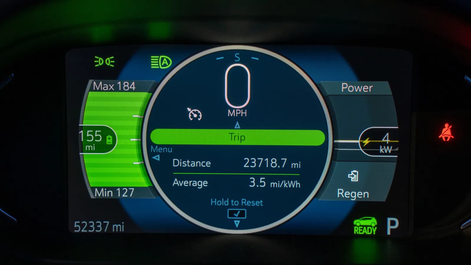 An electric car instrument cluster showing remaining range and odometer reading
