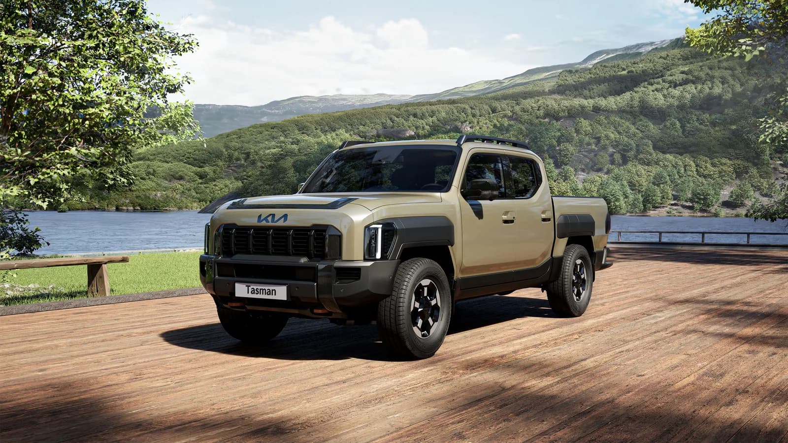 Beige Kia Tasman dual-cab ute parked on a timber boardwalk beside a lake