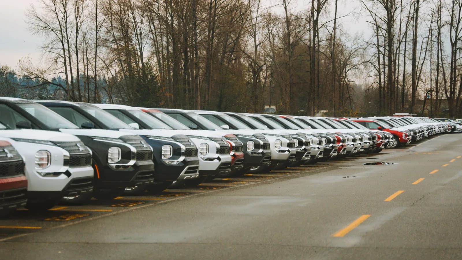 A long row of new SUVs parked front-to-front on an outdoor dealership lot